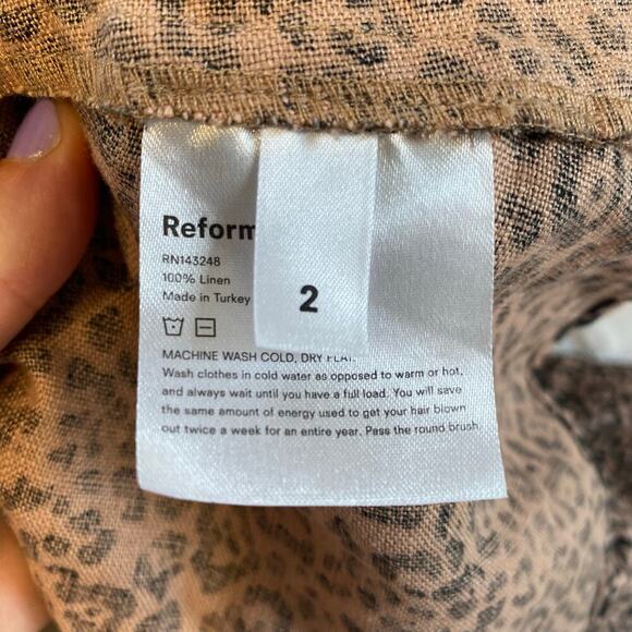 Reformation Toulouse Leopard Midi Dress Womens Sz 2 100% Linen Tiered Smocked - Picture 6 of 7